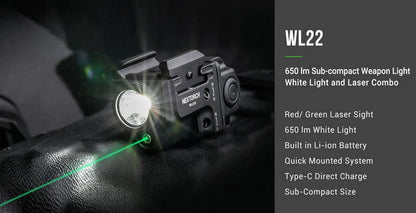 Lampe arme de poing Nextorch WL22G - 650 Lumens + laser vert - Fixation sur rail  NYCTALOPE  