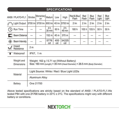 Lampe Torche Nextorch P84B - 3700 Lumens - lampe torche rechargeable USB-C - balise de signalisation  NYCTALOPE  