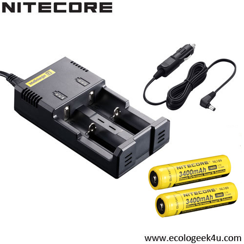 Chargeur Nitecore NEW i2 avec 2 batteries NL1834 3400 + câble allume cigare